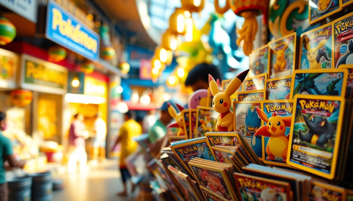 Explore authentic Pokémon cards in a lively market atmosphere with Pokémon tcg india showcased prominently.