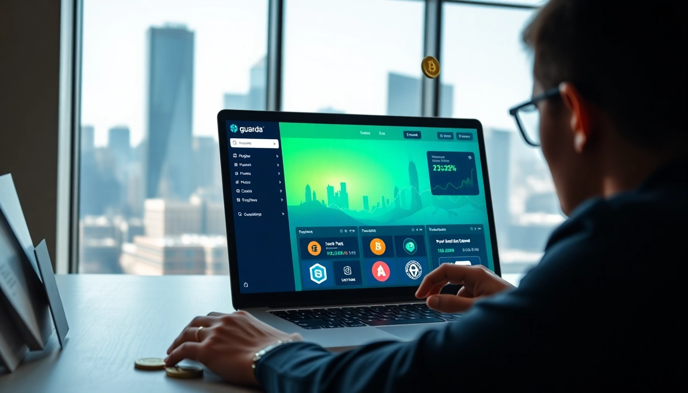 View the interface and features of the guarda wallet showcasing a vibrant digital cryptocurrency display.