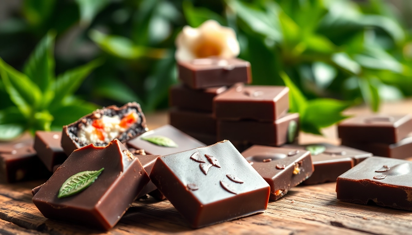 Indulge in delicious chocolate edibles 1000mg with vibrant fillings on a rustic table.
