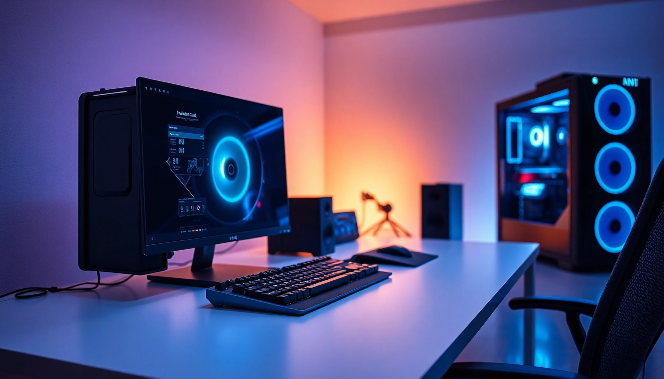Conjunto de juego lujo12 con una PC de alta gama y accesorios en un escritorio moderno