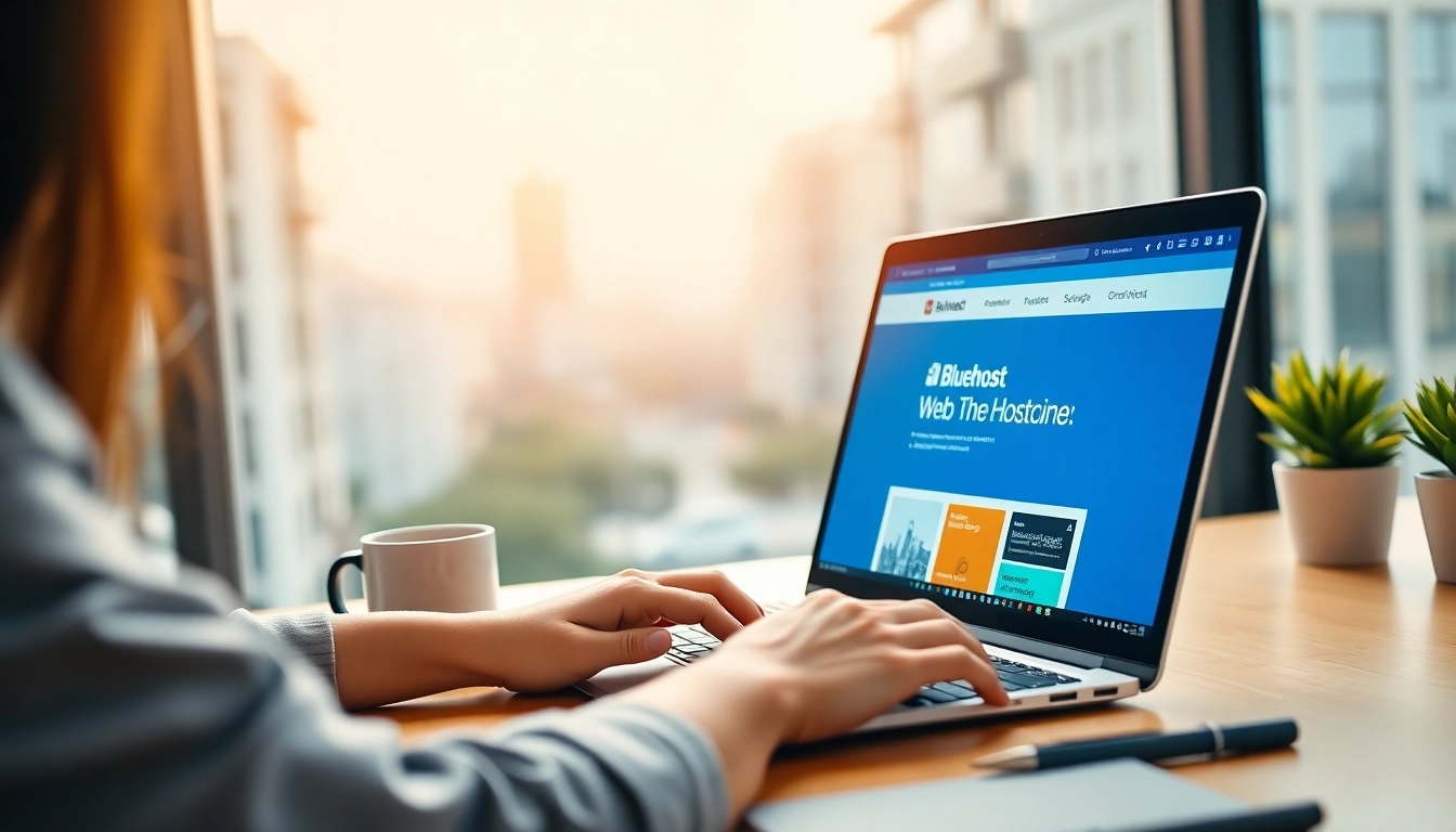 Workstation showcasing Bluehost on a laptop screen with vibrant city background.