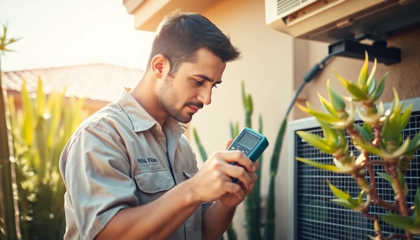 HVAC technician performing ac repair phoenix az in a sunny backyard with desert plants.