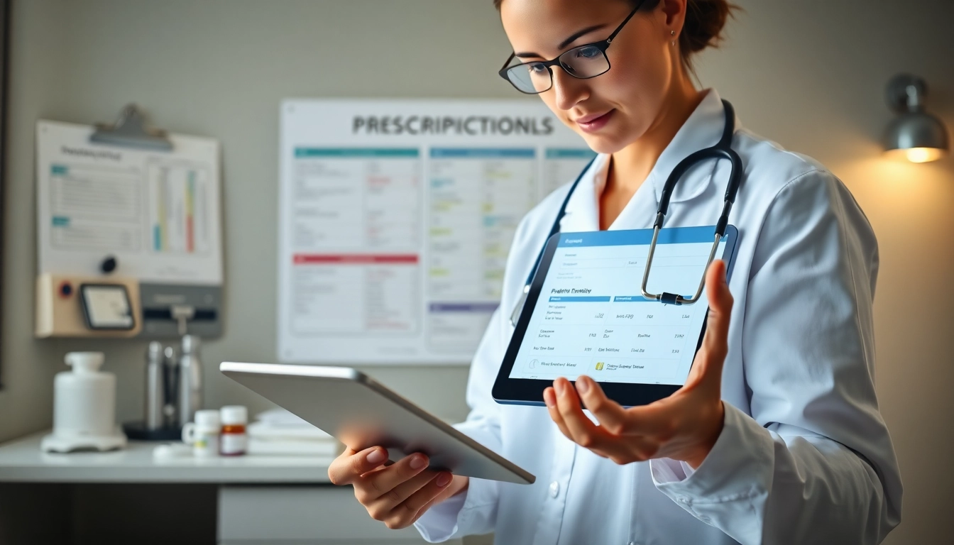Assessing eprescription app reviews on a tablet in a modern clinic.