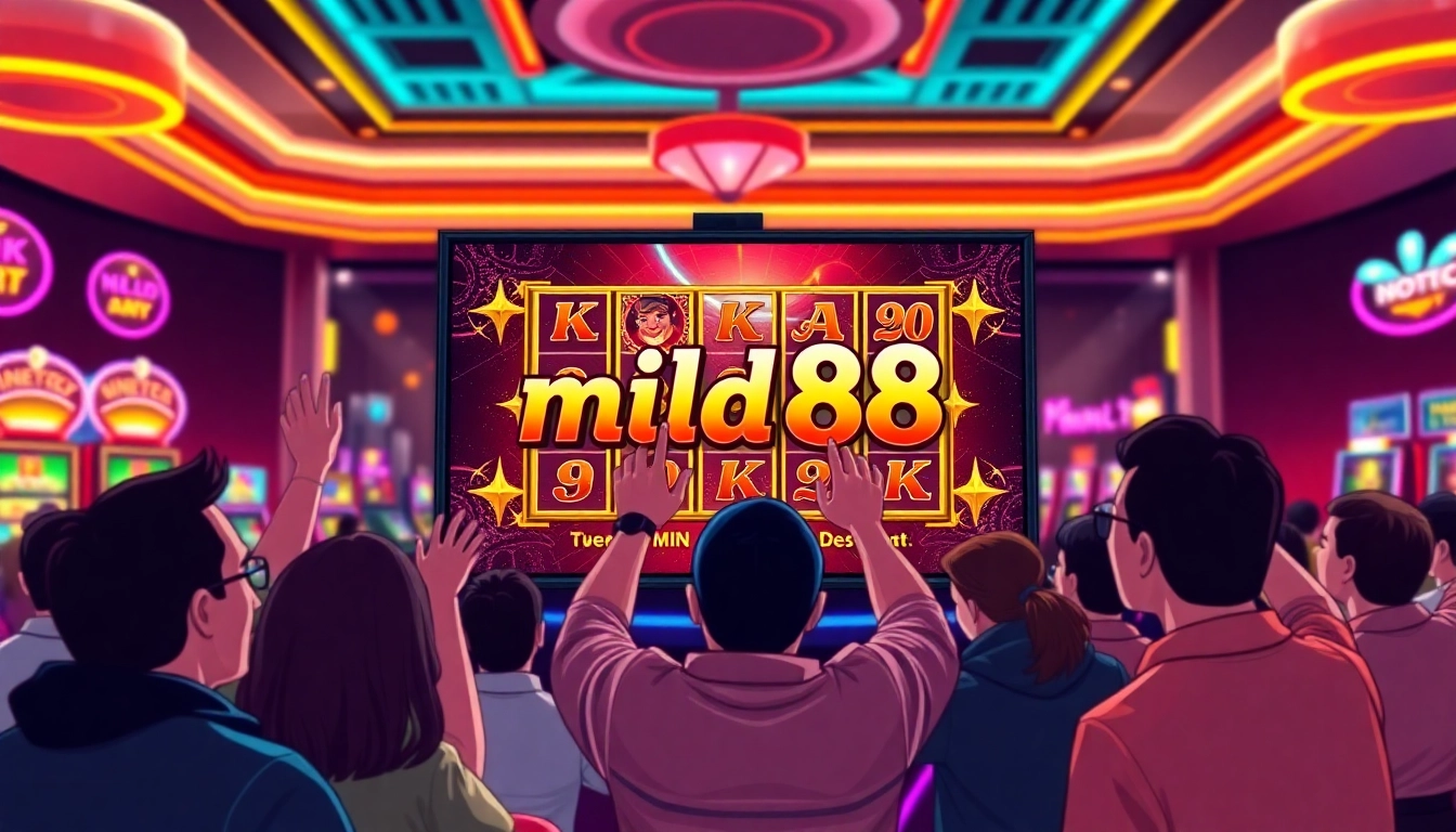 Menampilkan para pemain bersemangat yang merayakan kemenangan pada mild88 slot.